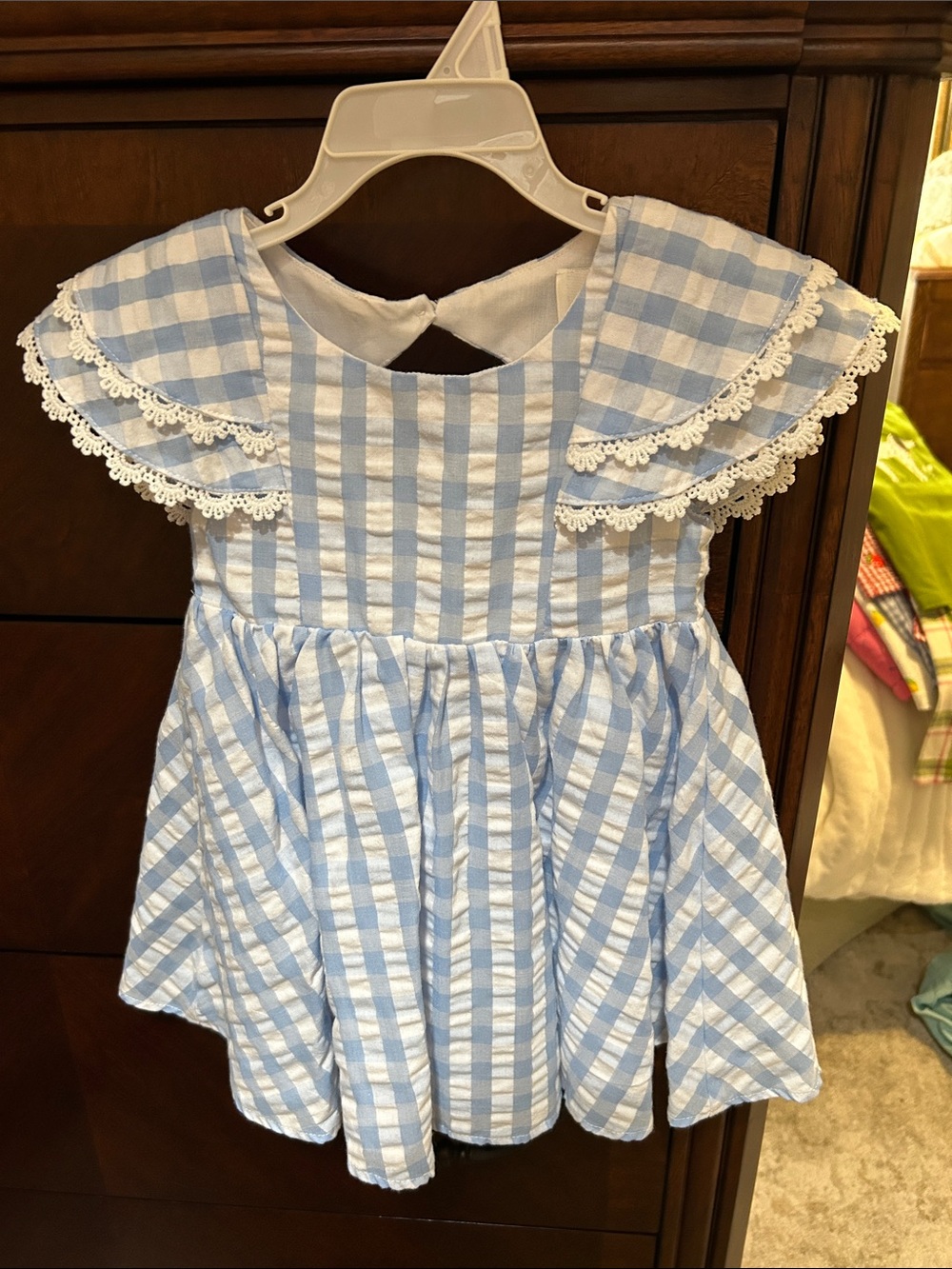 Blue Gingham Lace-Trim Dress